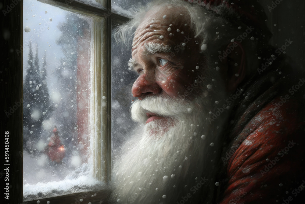 Santa looks out the window at the snow, evening snowfall, generative AI.