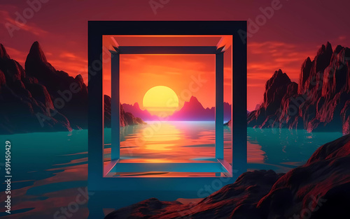 sunset over the lake with abstract shapes in the water. modern art wallpaper