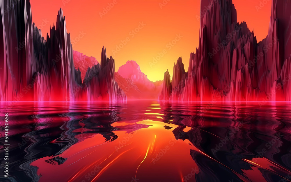 abstract trippy landscape with mountains and a lake. modern art wallpaper design