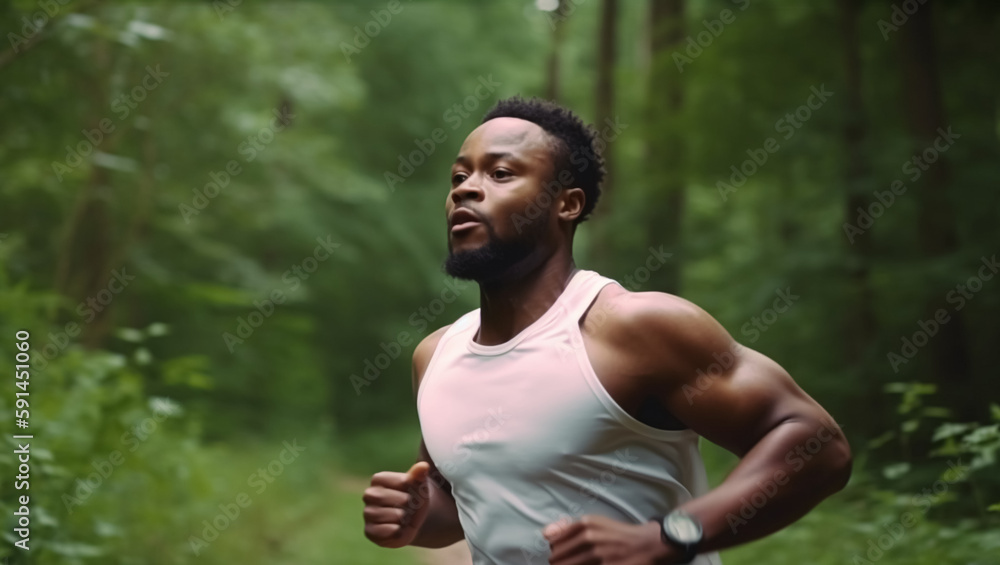 Young african american man running, created with Generative AI technology Young african american man running, created with Generative AI technology