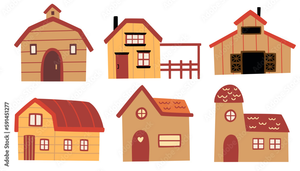 Rural cartoon houses set. Wooden country house, farm, Cottage set. Traditional eco-building. The concept of a house in nature.