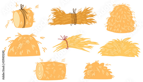 Cartoon haystack. Bale of hay collection. Rural hay rolled stacks and agricultural haycocks. Dried haystack, fodder straw and farm haystacks. Vector illustrations set. 