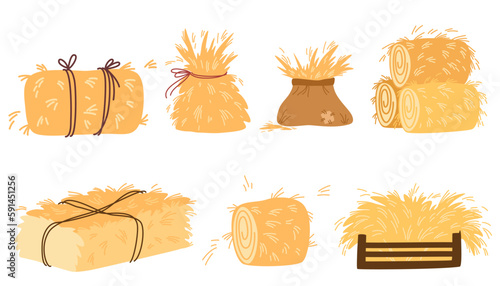 Haystacks collection. Flat yellow haystacks, round balls of wheat straw for feeding farm. Bales and stacks of hay. Farming, agriculture, countryside concept. Vector cartoon illustration
