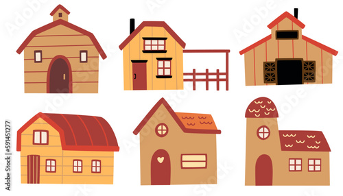 Rural cartoon houses set. Wooden country house, farm, Cottage set. Traditional eco-building. The concept of a house in nature.