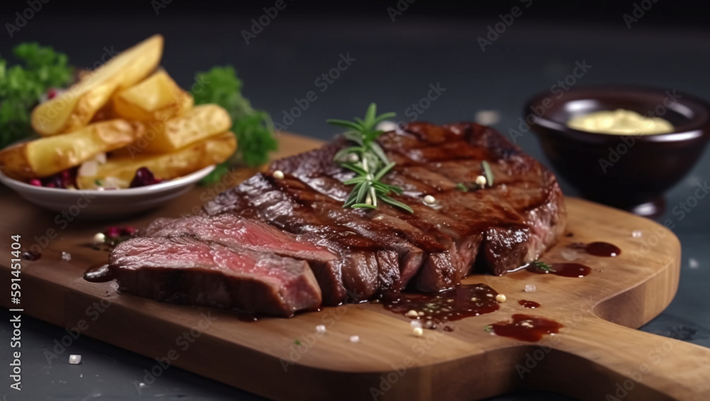Grilled juicy steak cooking in fire, created with Generative AI technology Grilled juicy steak cooking in fire, created with Generative AI technology