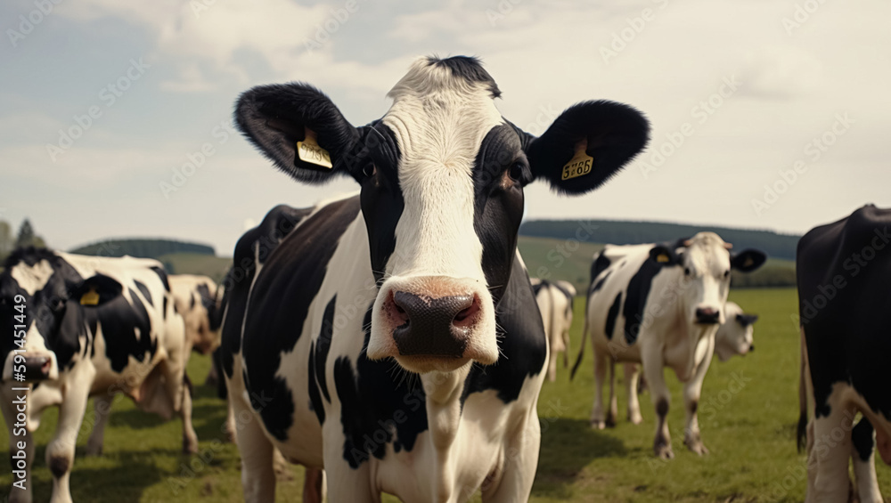 Cows graze in the meadow, created with Generative AI technology Cows graze in the meadow, created with Generative AI technology