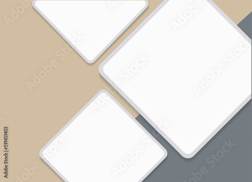 Three cropped empty rhombus photo frames on beige and black background. Website banner template, flyer, leaflet. Vector Mockup for design and advertising. EPS10.