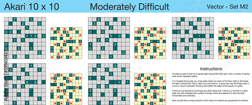 5 Moderately Difficult Akari 10 x 10 Puzzles. A set of scalable puzzles for kids and adults, which are ready for web use or to be compiled into a standard or large print activity book.