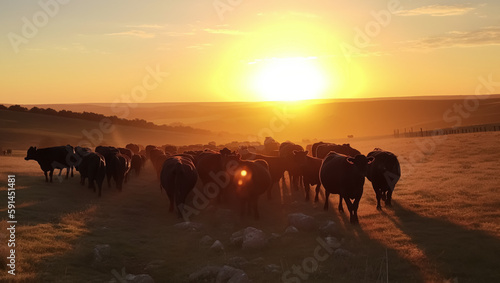 Herd of cows graze in the pasture in sunset, created with Generative AI technology © Atlas