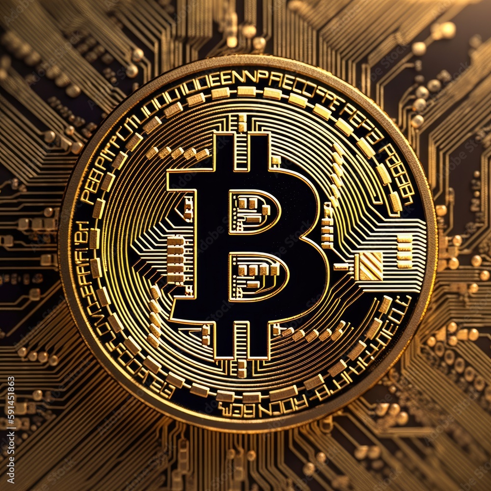 Digital currency bitcoin in an electrical golden circuit Generative AI Illustration
