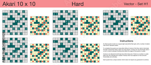 5 Hard Akari 10 x 10 Puzzles. A set of scalable puzzles for kids and adults, which are ready for web use or to be compiled into a standard or large print activity book.