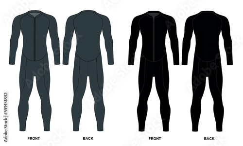 Collection of technical drawings of a men's wetsuit with a front zipper, vector. Vector illustration of a male diving suit, front and back view. Diving suit template in neoprene with long sleeves.