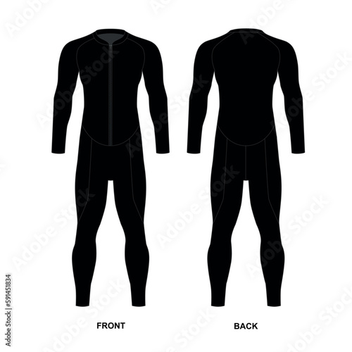 Vector illustration of a male diving suit, front and back view. Diving suit template in neoprene with long sleeves. Drawing of a black wetsuit with a zipper in front, vector.