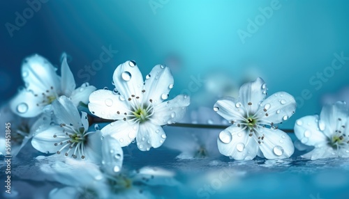 Soft and delicate background with fresh white flowers and blue tones Generative AI Illustration