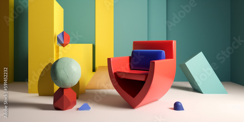 colourful sofa art memphis design space geometric home interior room armchair. Generative AI.