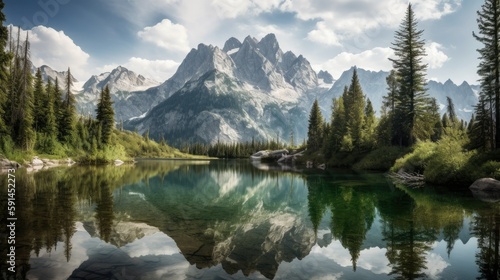 A natural Landscape with rugged rocky mountains reflected on a Lake with tall trees, created with Generative AI