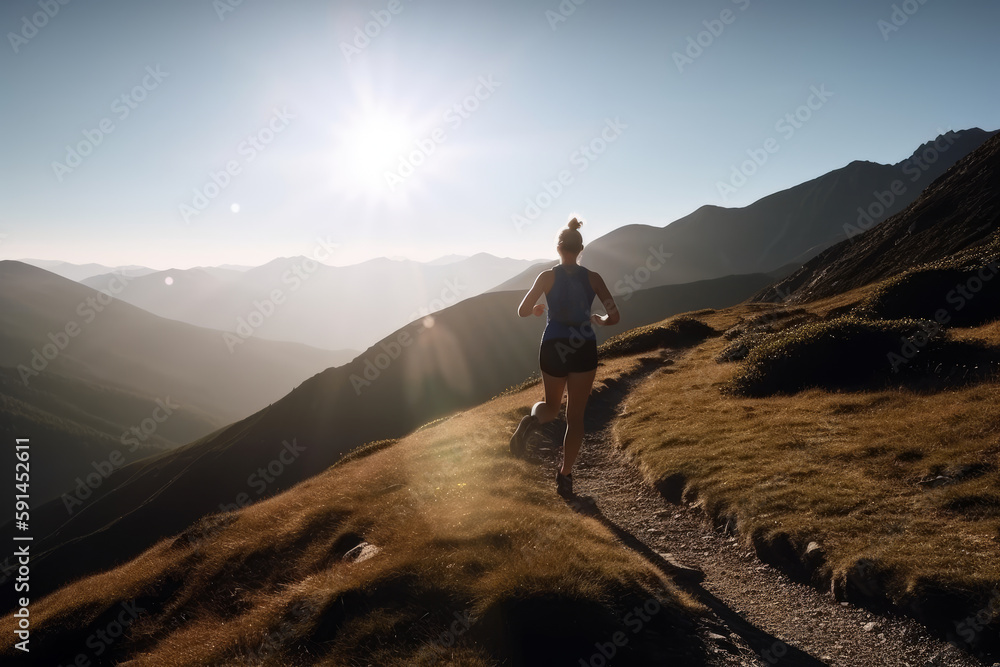 Girl jogging in nature in the mountains Generative AI