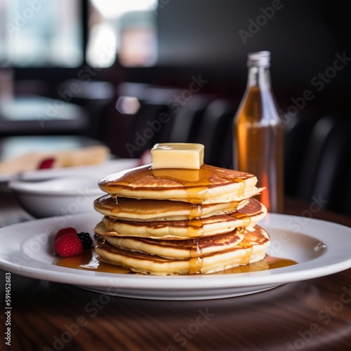 Köstliche Pfannkuchen, Pancakes zum Frühstück in einem Restaurat, generative AI