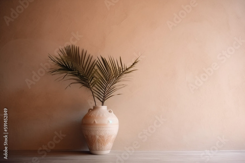 vase interior palm shadows home concrete beige design decor wall sunlight. Generative AI.