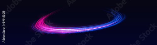 Light trail wave, fire path trace line and incandescence curve twir. Particle motion effect. Red blue special effect, speed police line. Magic of moving fast lines. Laser beams, horizontal light rays. photo
