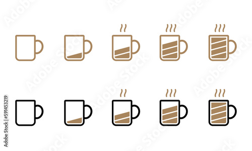 Battery level indicator in black and brown line and colored outline coffee mug icon from empty to fully charged vector set