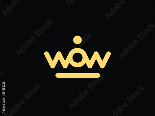 Concept Crown W O W WO OW Round Logo. Flat Vector Design Element. Word WOW. Composed of intertwined letters. Expression. Word Font. Simple Modern Business Background. Royal King Queen Gold Yellow
