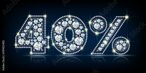 Numerals forty 40 percent made of sparkling diamonds. Sale, discount symbol. Realistic vector on black background with reflection