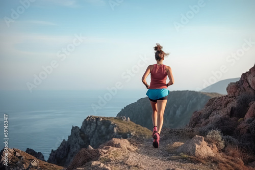 The girl runs in the mountains. Sports in nature. Generative AI