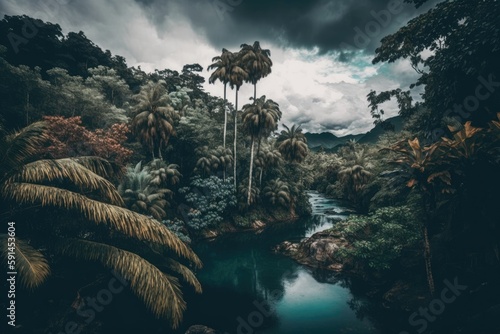 serene river landscape with lush palm trees. Generative AI © 2rogan