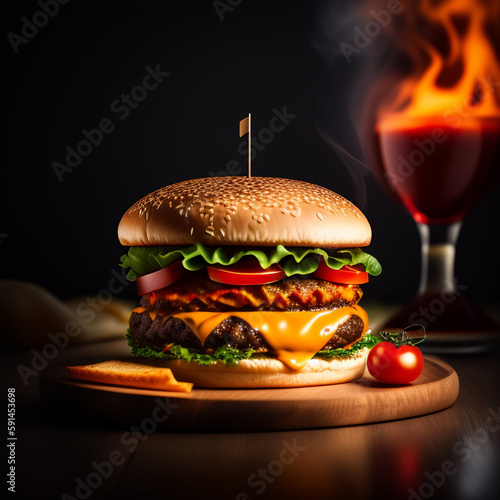 Tasty grilled beef burger with lettuce, cheese and onion served on cutting board on a black wooden table