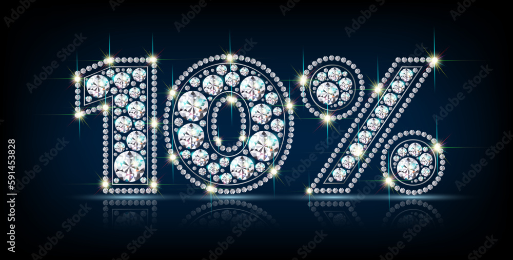 Numerals ten 10 percent made of sparkling diamonds. Sale, discount symbol. Realistic vector on black background with reflection