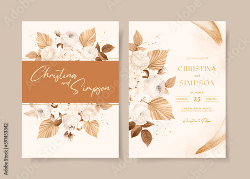 Wedding invitation template set with white dried floral and leaves decoration