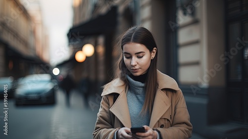 Portrait of a beautiful young woman using mobile phone in the city.Generative Ai © Rudsaphon