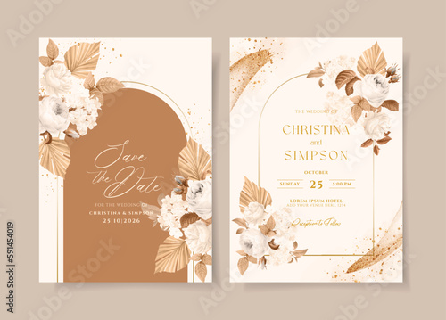 Wedding invitation template set with white dried floral and leaves decoration