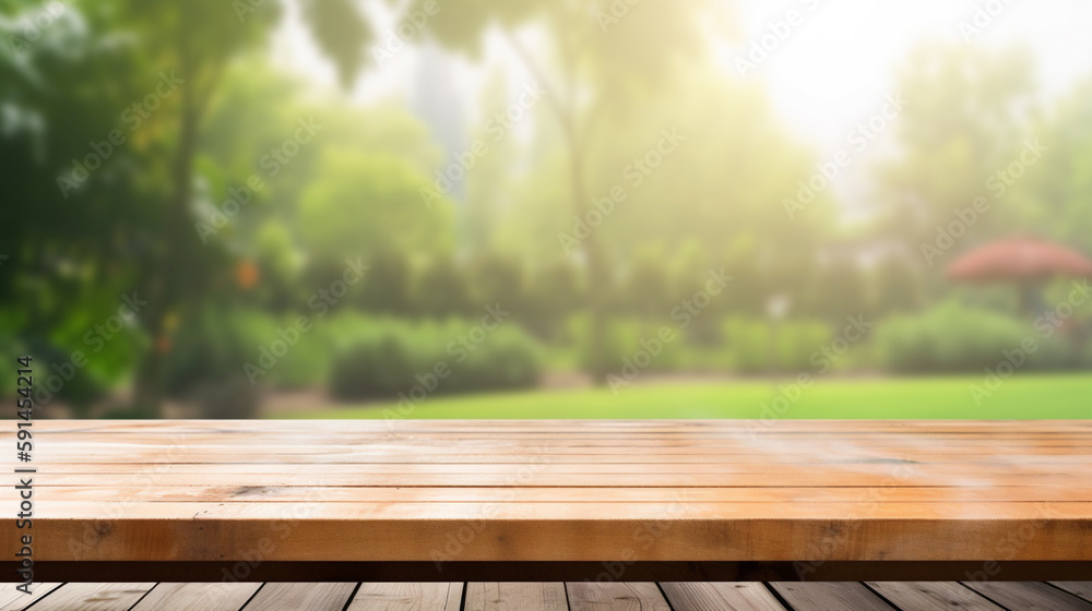 Empty wooden table in summer background with the blurred green garden and picnic or BBQ in the background. Generative AI Empty wooden table in summer background with the blurred green garden and picnic or BBQ in the background. Generative AI