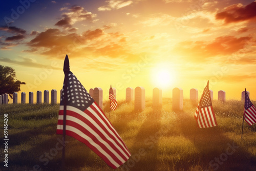 Memorial day,  Patriotic American background with flags on the grave honoring veterans. Generative AI 