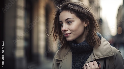 Portrait of a beautiful young woman using mobile phone in the city.Generative Ai