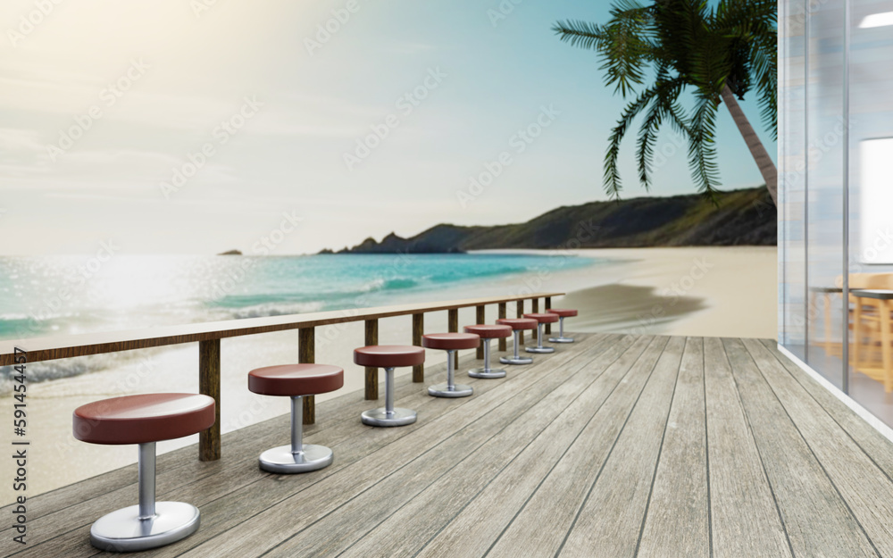 Long table, made of wood, on the restaurant terrace, on the beach, blue sea, sandy beach, blue sky, white clouds, bright. Seats by the beach from the restaurant. 3D rendering