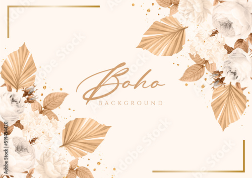 Background wedding invitation template set with white dried floral and leaves decoration