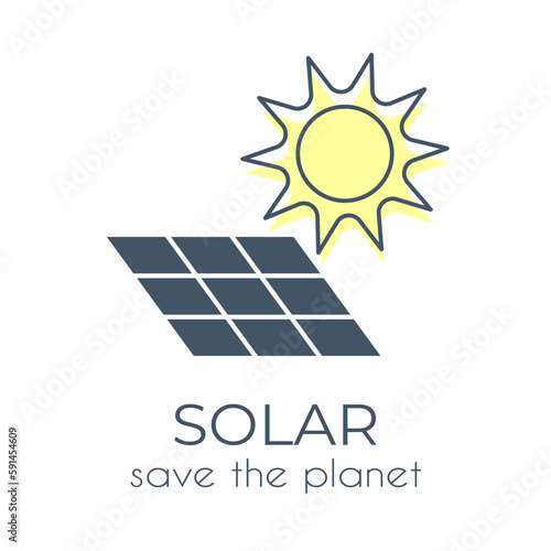 Single ecological icon Solar battery and Sun in minimalist style  on a white background with text
