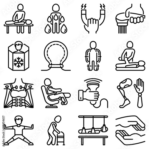 Rehabilitation for disabled thin line icons set: magnetic therapy, laser, massage, lymphatic drainage, exoskeleton, cryotherapy, physiotherapy, biomechatronics, suspension system. Vector illustration.