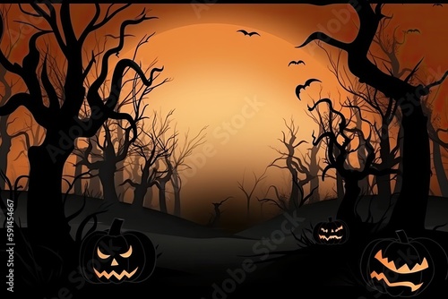 Halloween background Spooky forest with dead trees and pumpkins 