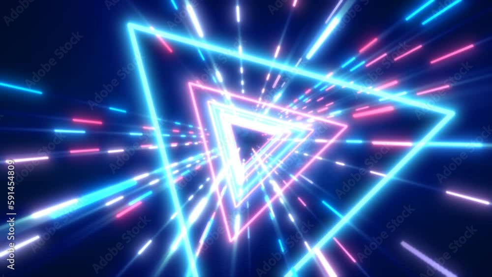 Abstract blue and purple energy futuristic hi-tech tunnel of flying triangles and lines neon magic glowing background, 4k video, 60 fps Abstract blue and purple energy futuristic hi-tech tunnel of flying triangles and lines neon magic glowing background, 4k video, 60 fps