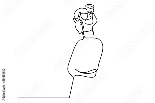 young beautiful majestic calm thoughtful woman rear behind line art