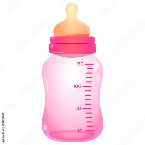 Cartoon pink baby feeding bottle. Vector illustration of newborn baby plastic milk bottle with silicone nipple. Illustration for print, web, mobile and infographics. Baby shower, gender reveal element