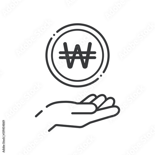 ₩の文字が入ったシンプルなコインと人の手のアイコン- 韓国のお金･ウォン･원 ･Wonのイメージ
