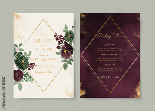 Watercolor wedding invitation template set with romantic burgundy emerald green floral and leaves decoration