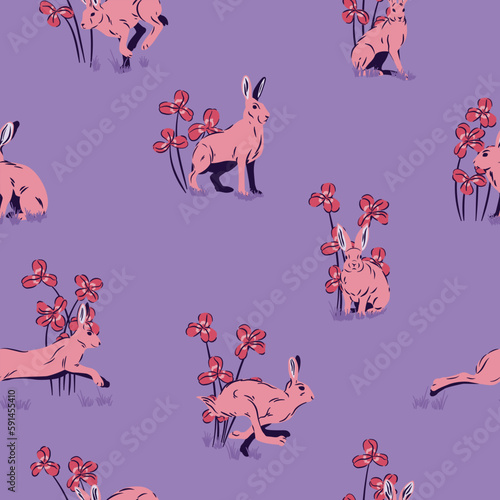 Powtarzalny leśny wzór. Zające i koniczyna. Dzikie króliki na jasnym tle w kolorach różowym i fioletowym. Ilustracja wektorowa.