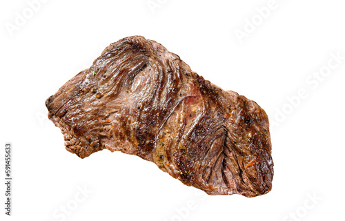 Grilled flank steak on a chopping Board with seasonings and spices.  Isolated, transparent background