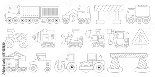 Construction Heavy Equipment Icons, Complete Set of Vector Illustrations Including Excavators, Cranes, Bulldozers, Loaders, Dump Trucks, and More, Ideal for Construction Companies and Equipment Ma